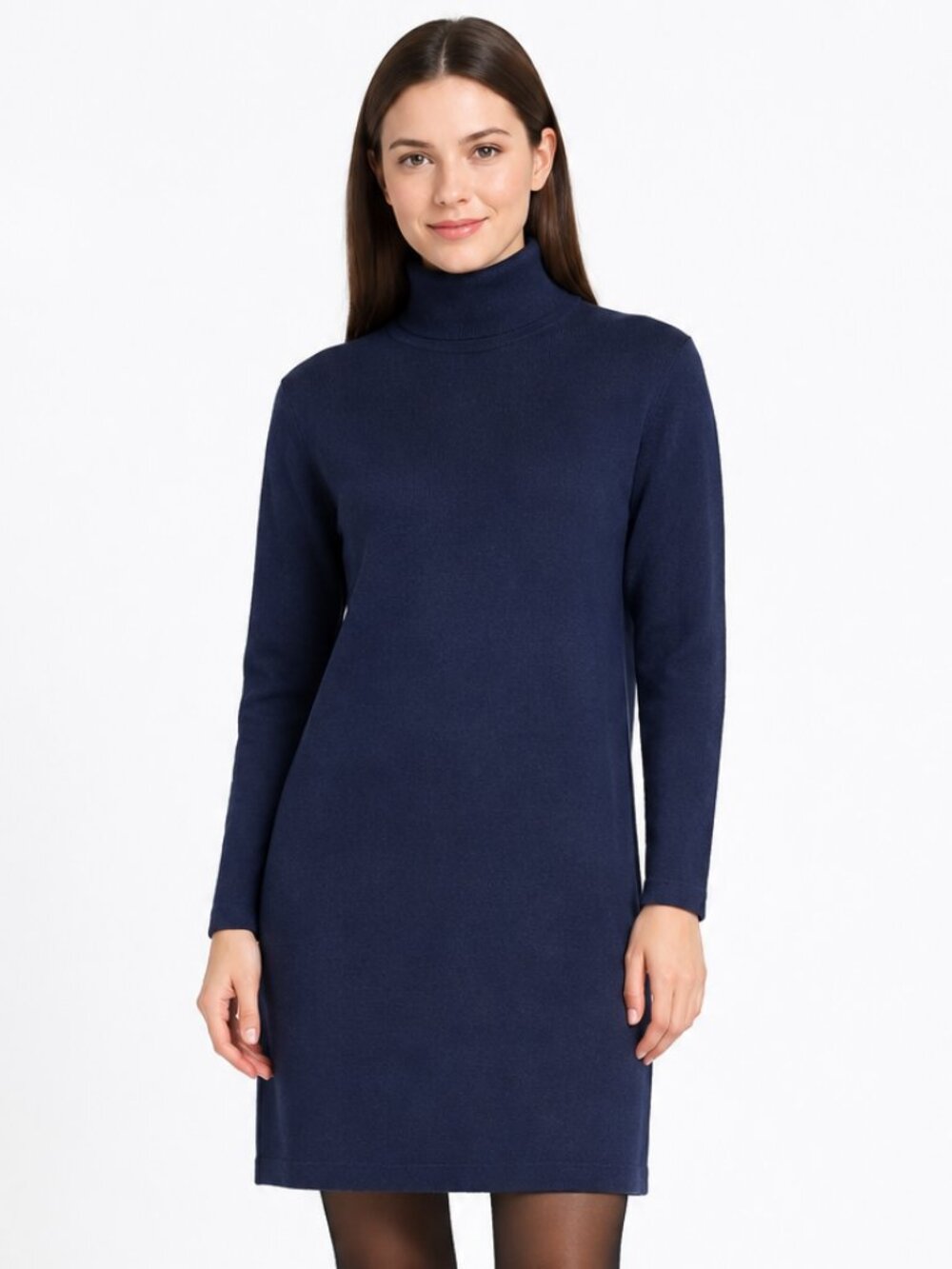 Uniqlo Mock Neck Sweater Dress Tunic M Navy Stretch Knit